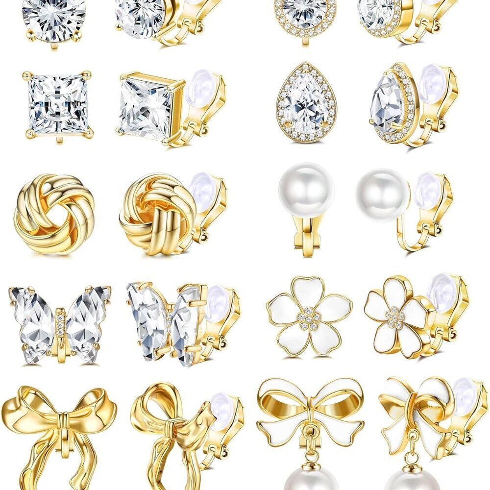 Gold Clip on Earrings Set 10 Pairs Non Pierced Dangle Pearl Zirconia Women